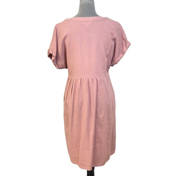 Women’s Linen Blend Midi Shift Dress M Pink V-Neck Pockets Spring Summer Beach - Picture 4 of 10
